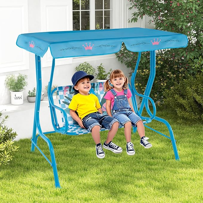 HONEY JOY Kids Patio Swing, 2-Seater Outdoor Porch Swing Lounge Chair, Adjustable Canopy & Safety Belt, All Weather Resistant Waterproof Hanging Swing Bench for Garden Poolside Balcony(Blue Flamingo)