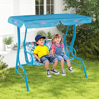 HONEY JOY Kids Patio Swing, 2-Seater Outdoor Porch Swing Lounge Chair, Adjustable Canopy & Safety Belt, All Weather Resistant Waterproof Hanging Swing Bench for Garden Poolside Balcony(Blue Flamingo)