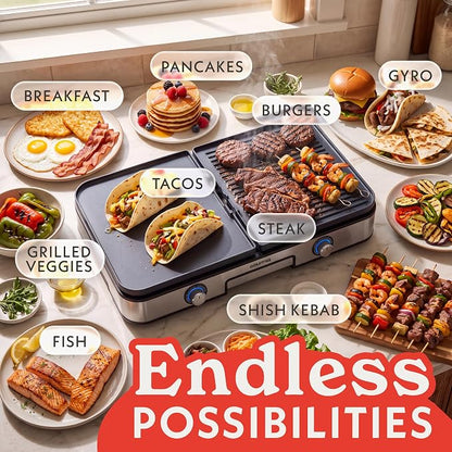 Gourmia 3-in-1 Indoor Grill & Griddle Electric Combo – Dual Independent Cooking Zones, Reversible Nonstick Ceramic Plates, XL Cooking Surface, 250–400°F Adjustable Temp, Dishwasher Safe