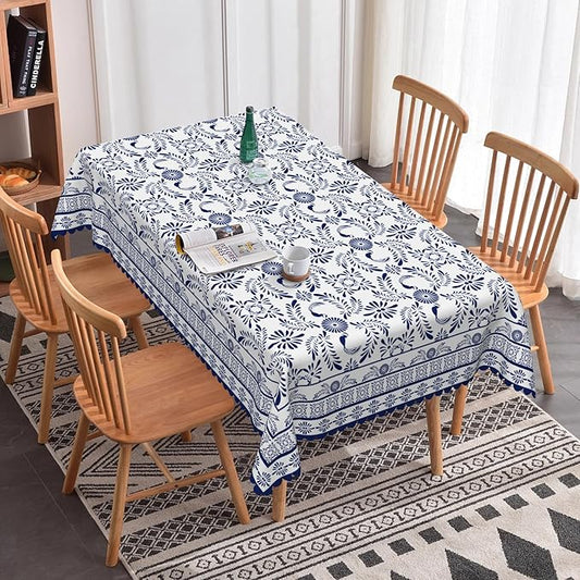 Ethnic Floral Oblong Table Cloths 60x120 Inch Blue Flowers Plants Chic Wrinkle Oil-Proof Resistant Table Cover Folk Style Tablecloths for Indoor Outdoor Kitchen Dining Tabletop Decoration