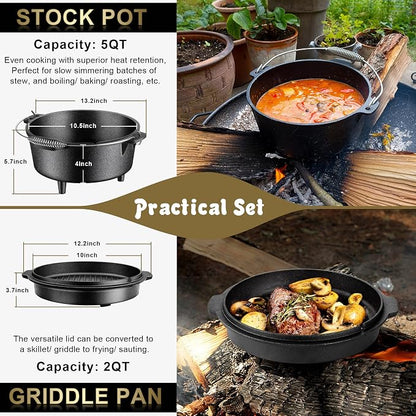 Joyfair Pre-seasoned Cast Iron Camp Dutch Oven, 5QT Pot & 2QT Skillet Lid | Open Fire Camping Cookware Set For Outdoor Campfire Cooking - Stewing Chicken,Baking Sourdough Bread, Plus Cleaner, Oven Safe