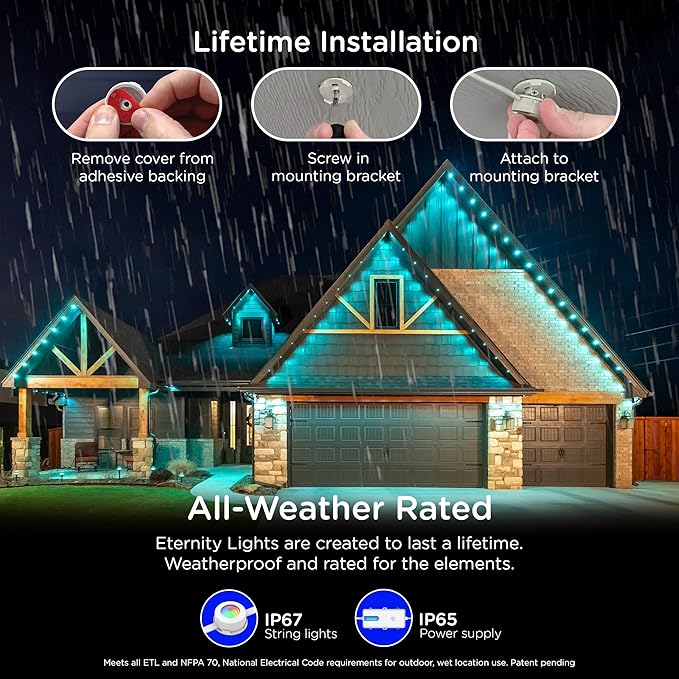 Enbrighten Vibe Eternity Permanent Outdoor Lights for House, 50ft, 36 RGBWIC LEDs, Close Spacing, 33lm, Color Changing, Christmas, Eave Lighting, Smart App, Works with Alexa, Google Home, 81102