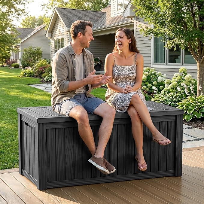 ROJIK 150 Gallon Outdoor Storage Box Waterproof,Weatherproof Deck Boxes Outdoor Lockable,Resin Outside Storage Box for Garden Tools,Cushions,Pool Accessories(Black,150 Gal)