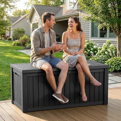 ROJIK 150 Gallon Outdoor Storage Box Waterproof,Weatherproof Deck Boxes Outdoor Lockable,Resin Outside Storage Box for Garden Tools,Cushions,Pool Accessories(Black,150 Gal)
