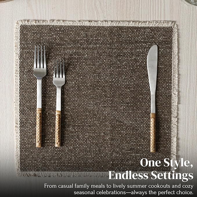 Hausattire Cotton Frayed Placemats Set of 6 Dining Table 14x14 Inch | Rustic Vintage Boho Washable Easter Placemat for Outdoor Parties BBQ's Wedding, Holiday, Special Occasions, Nubby Cotton - Brown