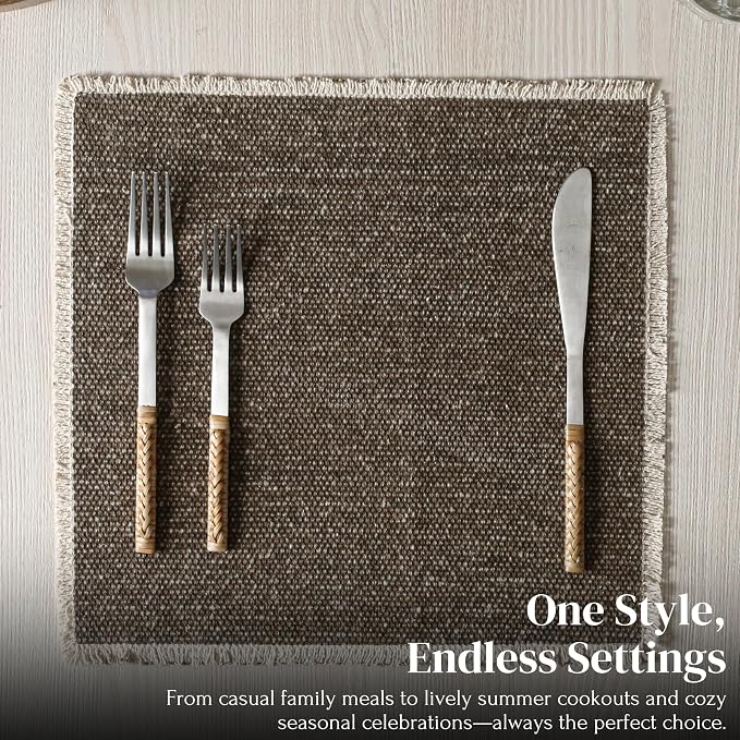 Hausattire Cotton Frayed Placemats Set of 4 Dining Table 14x14 Inch | Rustic Vintage Boho Washable Easter Placemat for Outdoor Parties BBQ's Wedding, Holiday, Special Occasions, Nubby Cotton - Brown