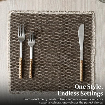 Hausattire Cotton Frayed Placemats Set of 4 Dining Table 14x14 Inch | Rustic Vintage Boho Washable Easter Placemat for Outdoor Parties BBQ's Wedding, Holiday, Special Occasions, Nubby Cotton - Brown