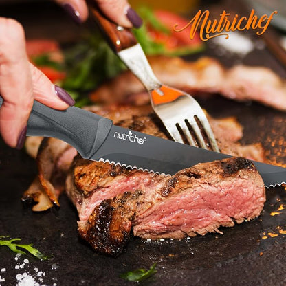 SereneLife Stainless Steel Knife Set, 8 Pcs. - Non-Stick Coating, Sharp Serrated Blades, Professional Kitchen Set, Rust-Resistant, Dishwasher Safe, Ideal for BBQ & Grilling, Gray