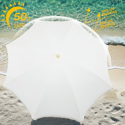 6.5FT Boho Patio Umberlla with Fringe,UPF50+ Outdoor Umbrella with Fiberglass Ribs and Push Button Tilt,Tassels Umbrella for Beach,Terrace,Picnic