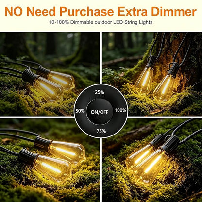 100FT Remote Outdoor String Lights for Outside, 50+2 LED Waterproof Shatterproof Edison Dimmable Timer Bulbs, 2500K Warm White Patio Lights for Garden Backyard Yard Hanging Lighting