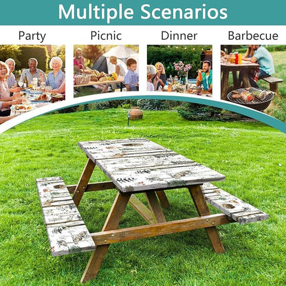 JAWO Picnic Table Cover with Bench Covers, Rustic Forest Cabin Camper Fitted Table Cover, Outdoor Patio Camping Essentials, Waterproof Camping Fitted Tablecloth with Drawstring Bag 30X60inch