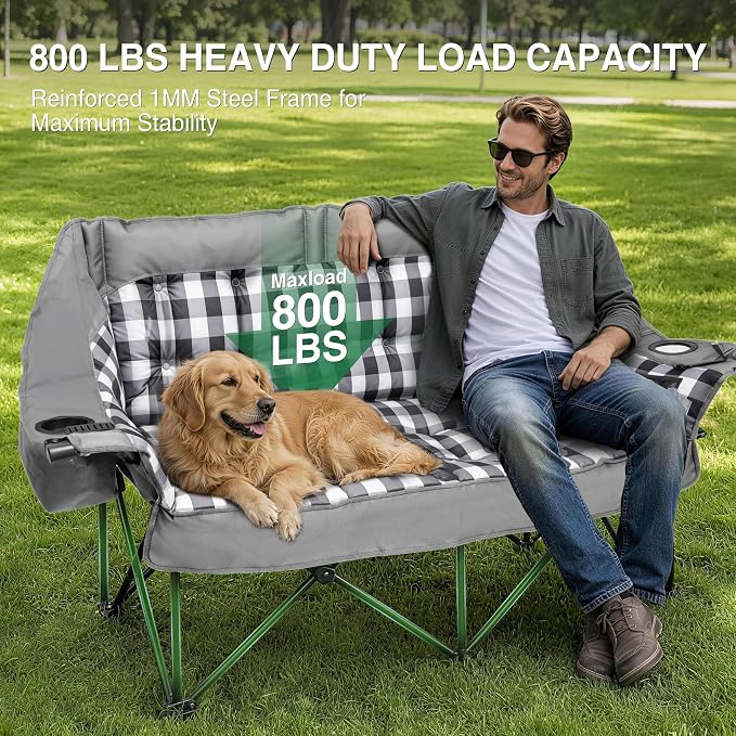 HOPERAN Double Camping Chair 800lbs Camping Couch Folding Loveseat, Grey | 59" Wide Seat, 600D Fabric, Thickened Padding, Cooler Bag, Side&Rear Pocket, Cup&Wine Glass Holder, for Lawn Patio Beach