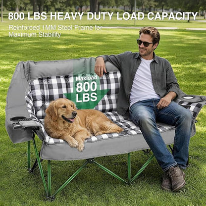 HOPERAN Double Camping Chair 800lbs Camping Couch Folding Loveseat, Grey | 59" Wide Seat, 600D Fabric, Thickened Padding, Cooler Bag, Side&Rear Pocket, Cup&Wine Glass Holder, for Lawn Patio Beach
