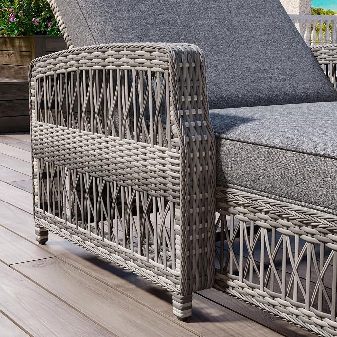 Merax Outdoor Rattan Chaise Lounge Set of 4, All-Weather Patio Recliners with 4-Position Adjustable Backrests, Armrests, and Removable Cushions for Poolside & Garden, Grey