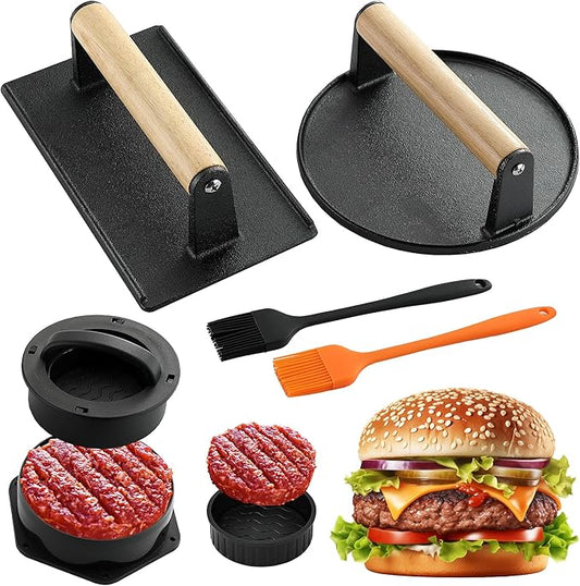 POLIGO Smash Burger Press Kit - 4 in 1 Stuffed Burger Mold, Cast Iron Burger Presses, Sauce Brushes Included - Non Stick Smash Burger Press Set for Grill and Griddle Cooking, Black Round and Rectangle