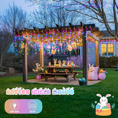 JMEXSUSS 400 LED 38.8 FT Easter Lights String Outdoor | Connectable Pastel Icicle Lights Indoor Outdoor for Easter Spring House Garden Party Decorations