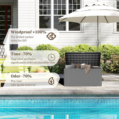 Outdoor Storage Box, 90 Gallon Lockable Resin Deck Box Waterproof, Patio Storage Bin for Furniture Cushion, Garden Tools and Pool Accessories, UV-Resistant Bench Cabinet for Outside, Black