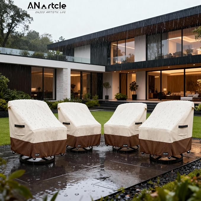 ANartcle Swivel Patio Chair Cover 4 Pack,600D Waterproof Heavy Duty Outdoor Chair Cover(33 W x 35 D x 36 H inches),Patio Furniture Covers,Outdoor Furniture Covers Waterproof,Beige&brown