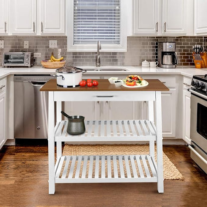 Kitchen Island with Solid Wood Top, White & Cherry Natural