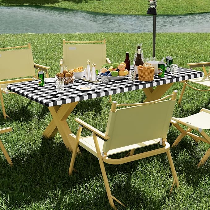 Smiry Picnic Table Cloth 2 Pack, Waterproof Elastic Fitted Tablecloths for 6FT Rectangle Tables, Washable Polyester Buffalo Plaid Tablecloth for Camping, Dining & Outdoor (Black & White, 30" x 72")