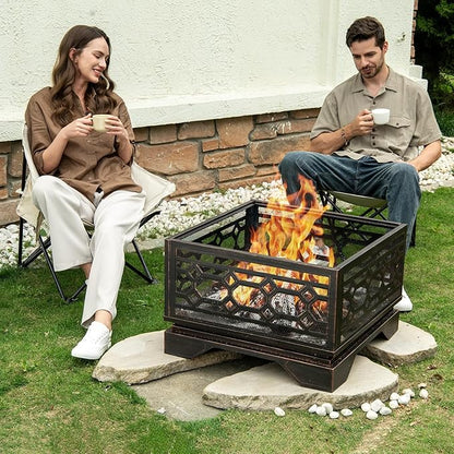 Florise Outdoor Fire Pit, 26 Inch Wood Burning Firepit for Outside with Mesh Cover & Fire Poker, Large Square Metal Fireplace for Patio, Backyard, Garden, Bonfire Party