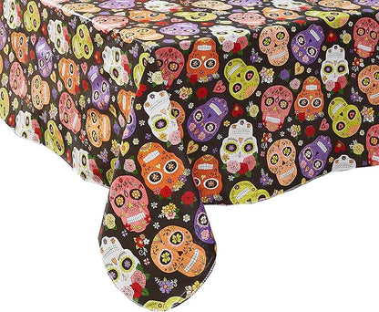 Newbridge Sugar Skull Rectangle Vinyl Tablecloth with Flannel Backing, Waterproof Wipe Clean Table Cover for Indoor Outdoor Kitchen Dining Use, Picnic and Barbecue, 60 x 84 Inch Rectangle