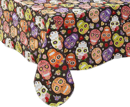 Newbridge Sugar Skull Rectangle Vinyl Tablecloth with Flannel Backing, Waterproof Wipe Clean Table Cover for Indoor Outdoor Kitchen Dining Use, Picnic and Barbecue, 60 x 84 Inch Rectangle