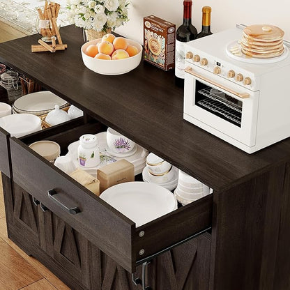 HOSTACK Buffet Cabinet with Storage, 47.2" Kitchen Sideboard Buffet with Drawers, Modern Farmhouse Coffee Bar Station with Shelves, Barn Doors Storage Cabinet for Living Room, Dark Brown