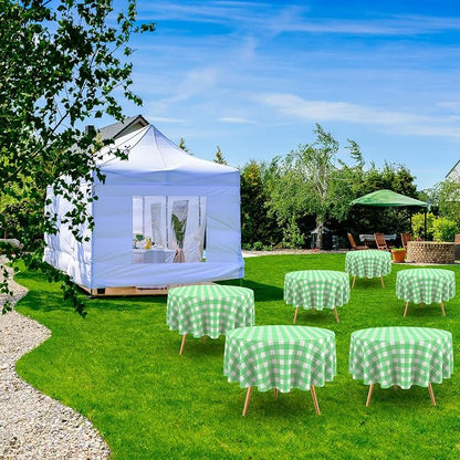 Disposable Checkered Tablecloth Round Plastic Buffalo Plaid Table Cloth 84'' Gingham Tablecover for Picnic Camping BBQ Graduation Party(Green and White,6 Pieces)