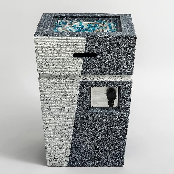 KEIKI 20 Inch Concrete Fire Column, Square Propane Gas Fire Pit with Stone Texture, 40000 BTU Outdoor Heating for Backyard Patio