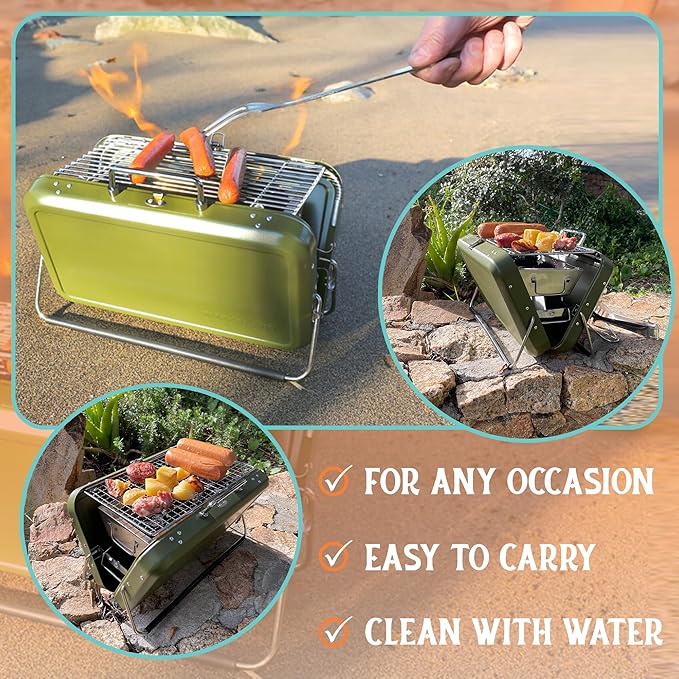 Portable BBQ Charcoal Grill, Folding Stainless Steel Mini Grill for Camping, Hiking, Outdoor Cooking, Small Tabletop Picnics, Backyard, Tailgating, Compact Travel BBQ Carry Bag, Father’s Day Gift
