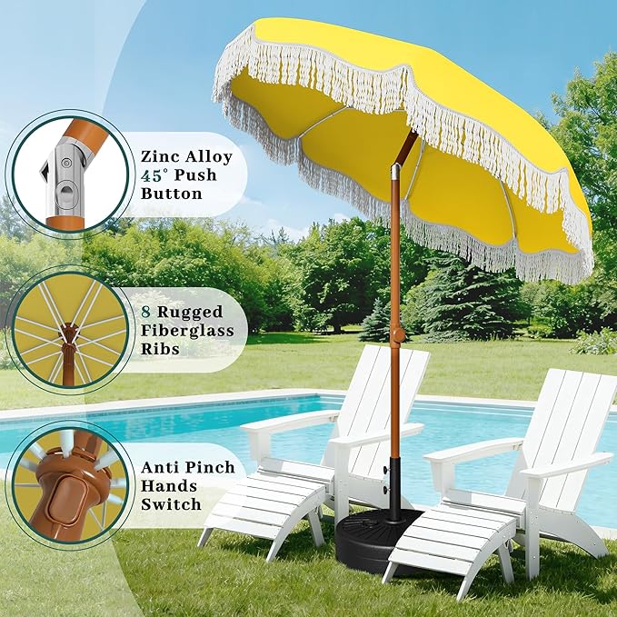 AreShark 7ft Patio Umbrella with Fringe, UPF50+ Beach Umbrella for Table, Pool & Garden, Portable Outdoor Tassels Umbrella w/Fiberglass Ribs&Push Bottom Tilt(Yellow)