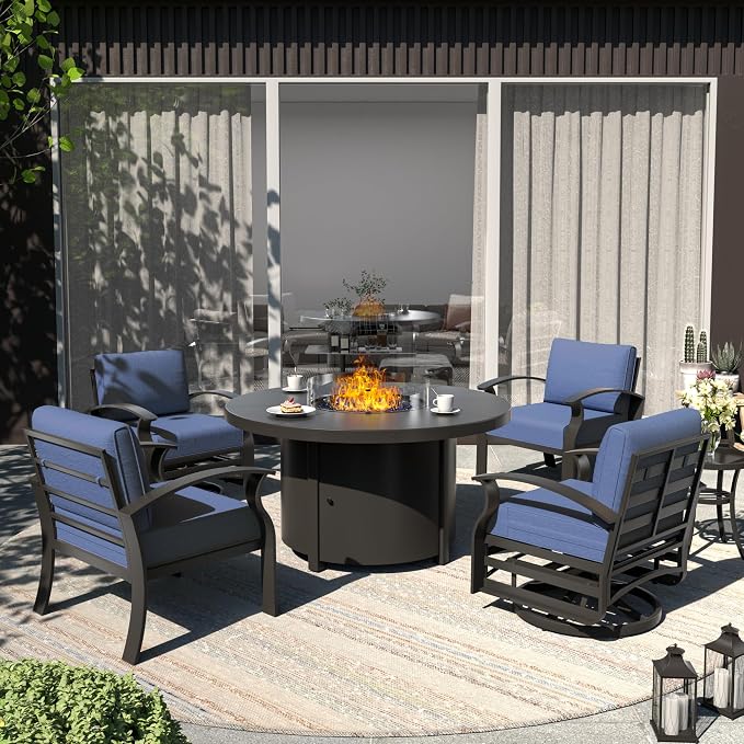 ALAULM Aluminum Patio Furniture Set with Coffee Table Rectangular, 5-seat Outdoor Sectional Furniture w/2 Swivel Chairs, Patio Conversation Set for Porch, Backyard,Blue