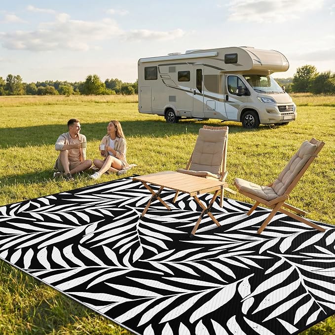 Smiry Outdoor Rug 9x12 ft Waterproof Reversible Leaf Mat, Black & White | Polypropylene Plastic Straw, Quick Drying, Lightweight Foldable, for Patio, Deck, RV Camping, Backyard and Indoor Outdoor Use