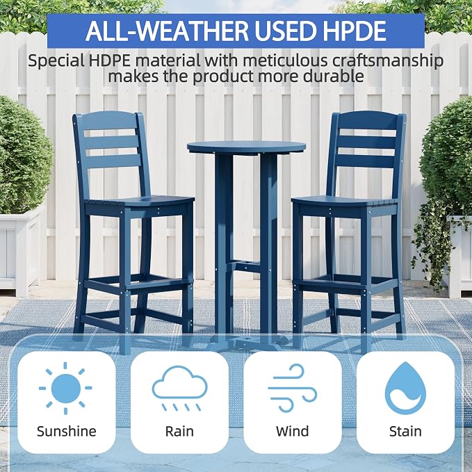 Shintenchi 3 Pieces Outdoor High Top Bar Set, 1 Patio High Top Round Table and 2 Bar Height Tall Adirondack Chair, All-Weather Outdoor Bistro Bar Set for Balcony Pool Deck, Blue