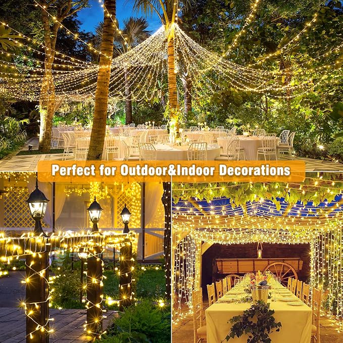 100ft String Lights Indoor 300 LED Christmas Lights Outdoor Connectable Twinkle Fairy Lights Plug in Clear Wire for Outside Wedding Bedroom Garden Tree Decorations, Warm White