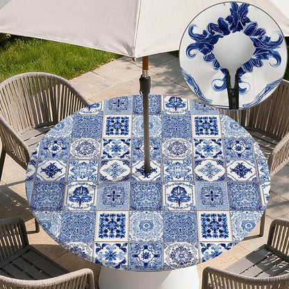 Outdoor Tablecloth with Umbrella Hole and Zipper Fits 53-60" Tables | Waterproof Round Fitted Tablecloth with Elastic Edge, Wipeable Outdoor Table Cover for Patio, Garden, Picnic