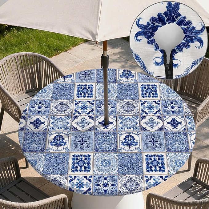 Outdoor Tablecloth with Umbrella Hole and Zipper Fits 37-44" Tables | Waterproof Round Fitted Tablecloth with Elastic Edge, Wipeable Outdoor Table Cover for Patio, Garden, Picnic