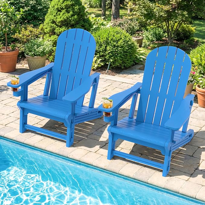 Shintenchi Adirondack Chairs Set of 2,HDPE Adirondack Chairs w/Removable Tablelop & Umbrella Hole,All-Weather Wooden Textured Plastic Outdoor Chairs w/Cup Holders for Garden Backyard Pool,Blue