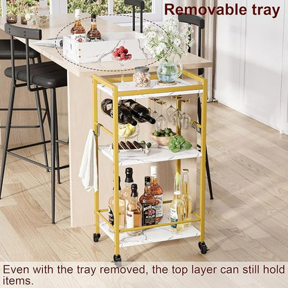 3-Tier Gold Bar Cart with Removable Tray, Small Bar Carts with Wheels, Rolling Beverage Cart, Drink Cart, Gold Wine Cart with Wine Rack for Kitchen, Living Room GBC513G