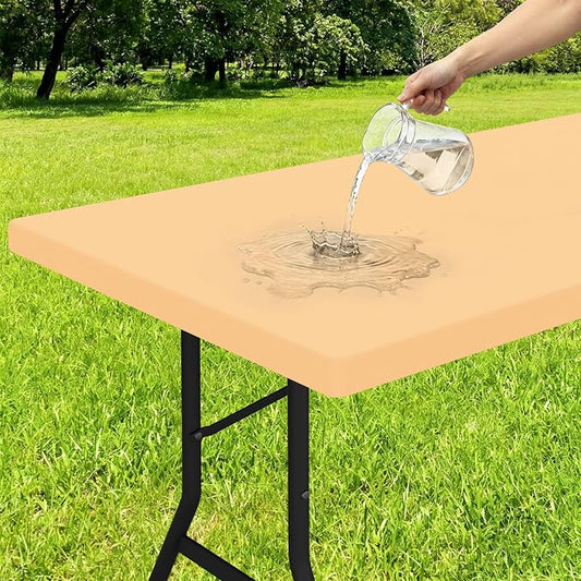 Smiry Rectangle Tablecloth, Elastic Fitted Flannel Backed Vinyl Tablecloths for 8ft Folding Tables, Waterproof Wipeable Table Covers for Indoor, Outdoor, Picnic and Camping (Light Camel, 30"x96")