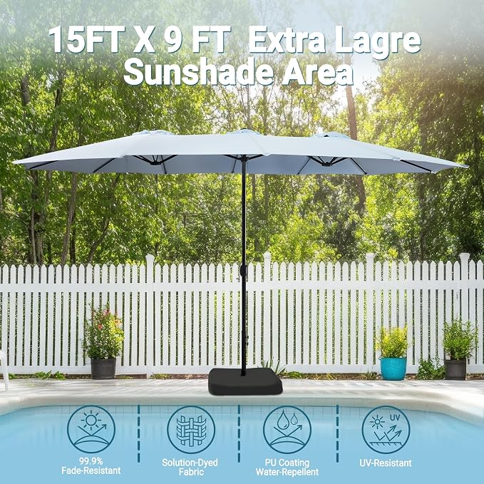15ft Patio Umbrella with Base, 10-Year-No-Fade Large Outdoor Double-Sided Market Umbrella with UPF50+Terylene Polyester Fabric and Crank for Poolside Garden Deck Backyard Beach Pools
