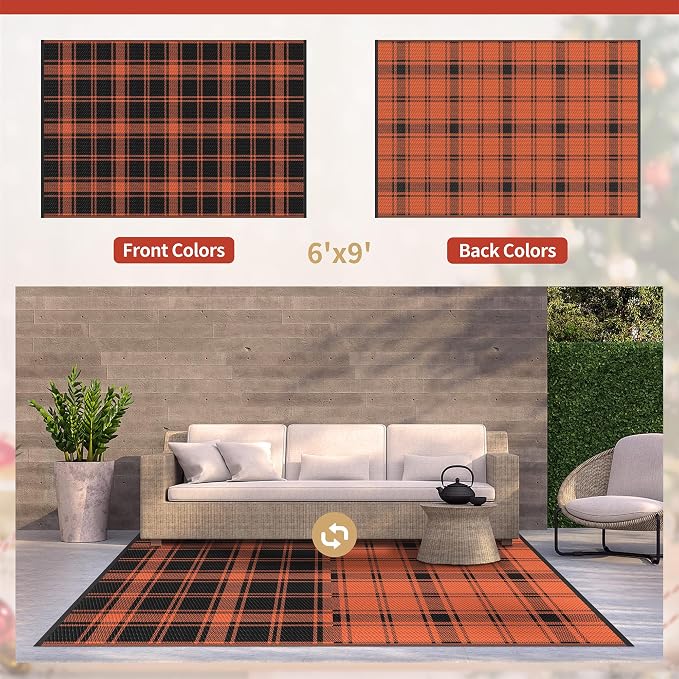 GENIMO Outdoor Rug, Waterproof Plastic Rugs for Patio, 6'x9' Dark Orange | Outside Larger Modern Carpet Mat for Porch Decor, Deck, Balcony, Camping, RV, Backyard, Picnic, Beach, Reversible, Foldable