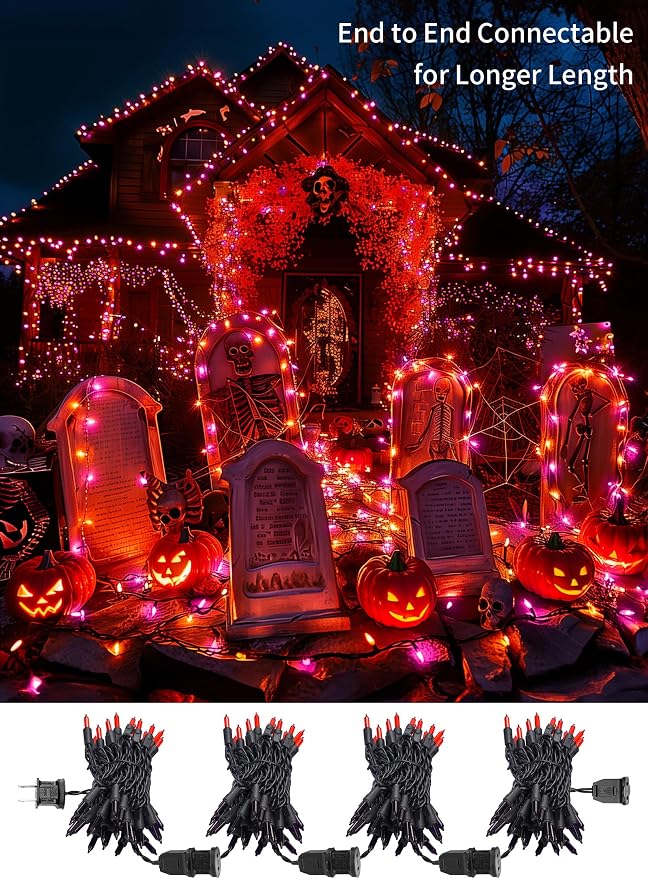 2 Pack Orange & Purple Halloween Mini Lights, 10 Ft 50 Count String Lights | Total 100 Count Incandescent, Connectable Halloween Light for Haunted House Party Holiday Window Indoor Decoration