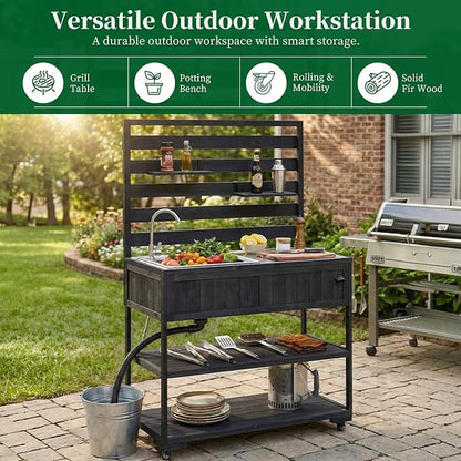 42 Inch Patio Kitchen Island with Sink, Black | Black fir wood, stainless steel top and sink, garden or patio, movable shelves, bottle opener, lockable wheels, 41.7 in L