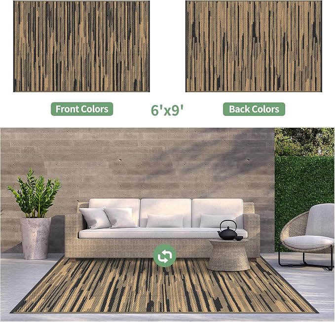 GENIMO Outdoor Rug, Waterproof Plastic Rugs for Patio, 6'x9' Walnut Brown | Outside Larger Modern Carpet Mat for Porch Decor, Deck, Balcony, Camping, RV, Backyard, Picnic, Beach, Reversible, Foldable