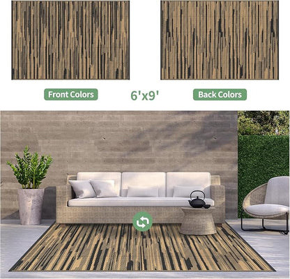 GENIMO Outdoor Rug, Waterproof Plastic Rugs for Patio, 6'x9' Walnut Brown | Outside Larger Modern Carpet Mat for Porch Decor, Deck, Balcony, Camping, RV, Backyard, Picnic, Beach, Reversible, Foldable