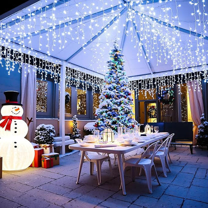 132ft Icicle Lights for Outside, 1280 LED White Christmas Lights Outdoor with 240 Twinkle Drops, 8 Modes Plug in Waterproof Timer Memory for Tree Wedding Party House Patio Eave Yard Holiday Decoration
