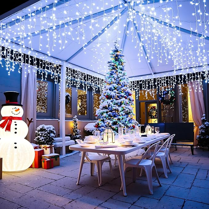 Icicle lights Outdoor - 66ft Christmas Lights with 640LED 120 Drops 8 Modes, Plug in Curtain String Lights Waterproof for Holiday Wedding Party Home Garden Bedroom Indoor Outdoor Decoration,Cool White