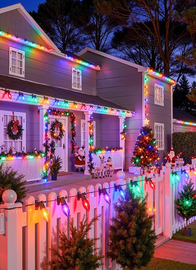 Vintage C9 Christmas Lights Outdoor, 100Ft 100 LED Multicolor String Lights | Waterproof Connectable Christmas Tree Lights for House, Roofline, Indoor Outside, Garden Patio Backyard Decor, Green Wire